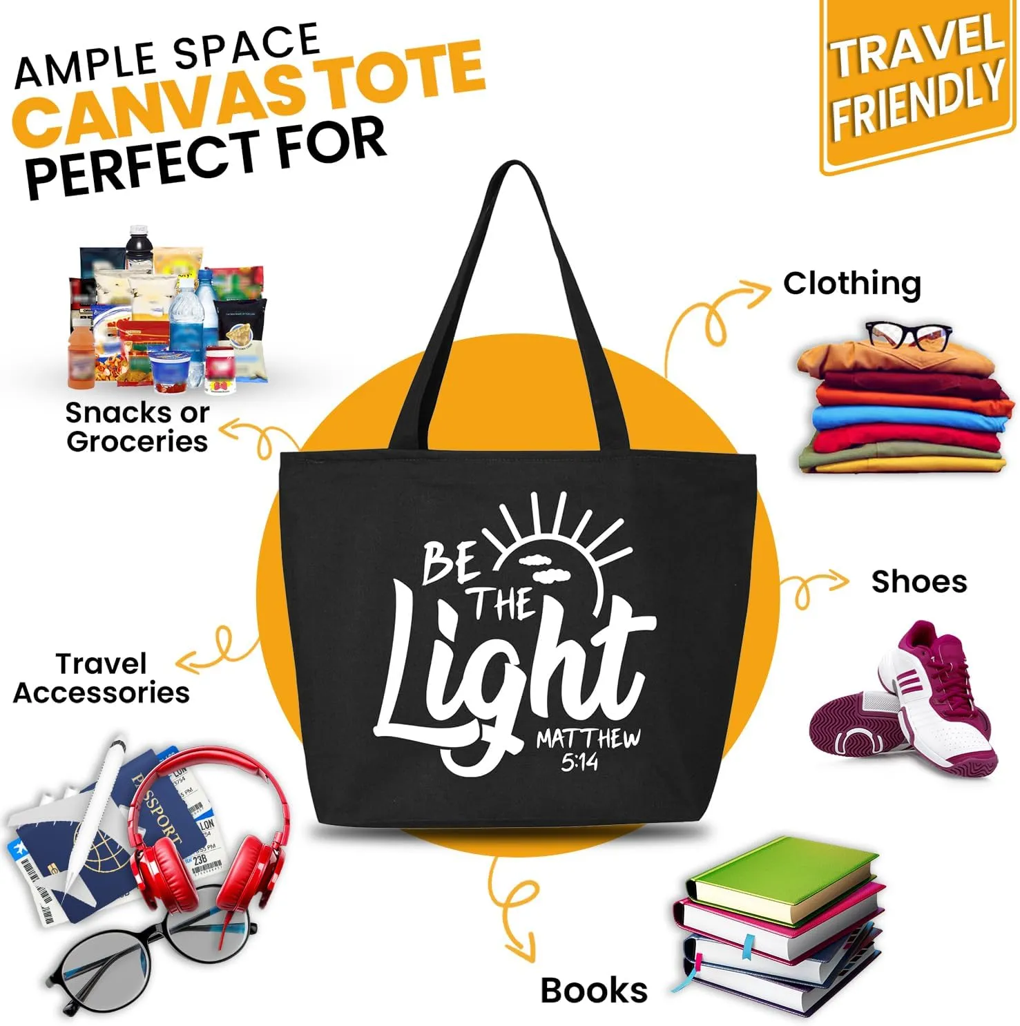 shop4ever Be The Light Matthew 5:14 Heavy Canvas Tote with Zipper Reusable Shopping Bag Bible Verse Christian Gift