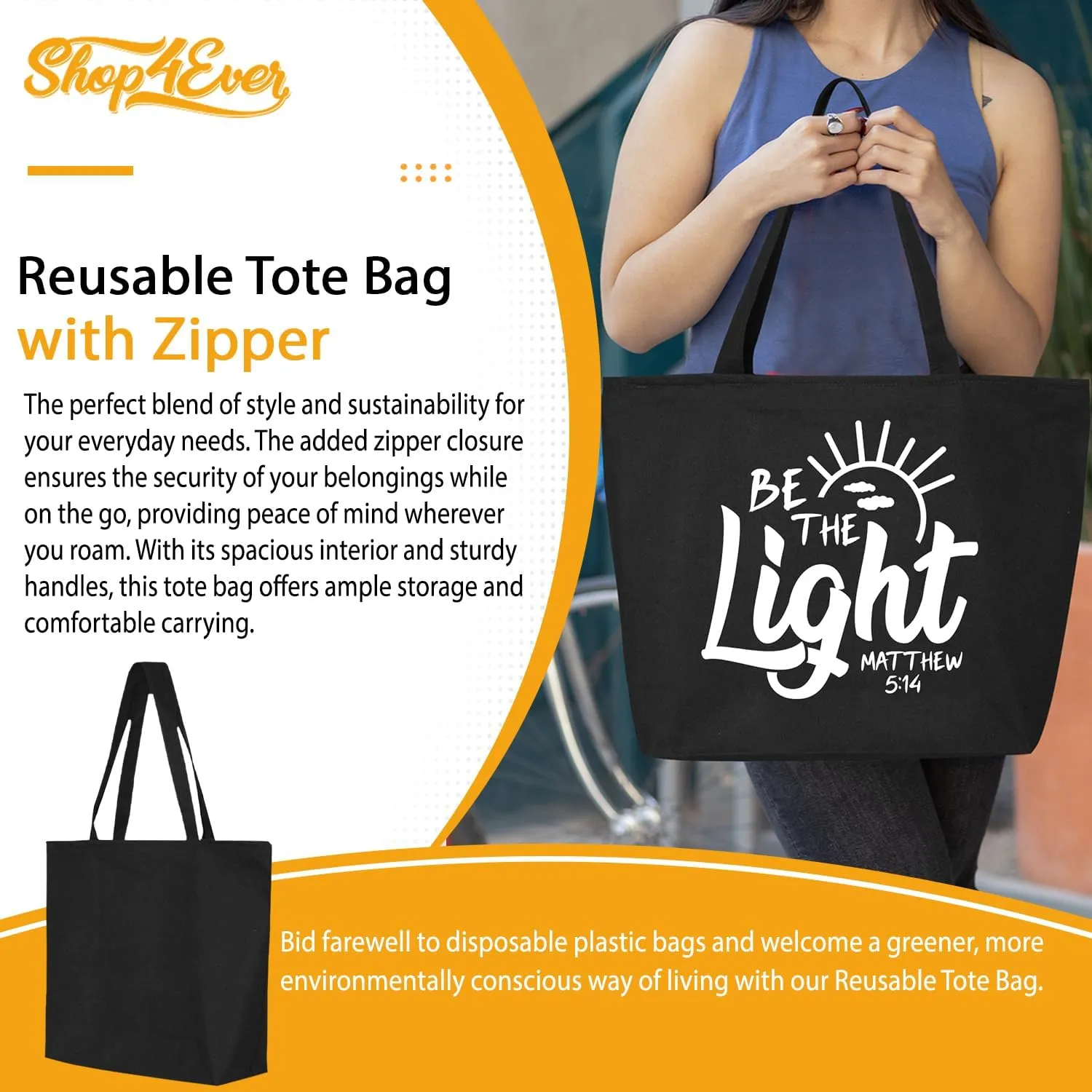 shop4ever Be The Light Matthew 5:14 Heavy Canvas Tote with Zipper Reusable Shopping Bag Bible Verse Christian Gift