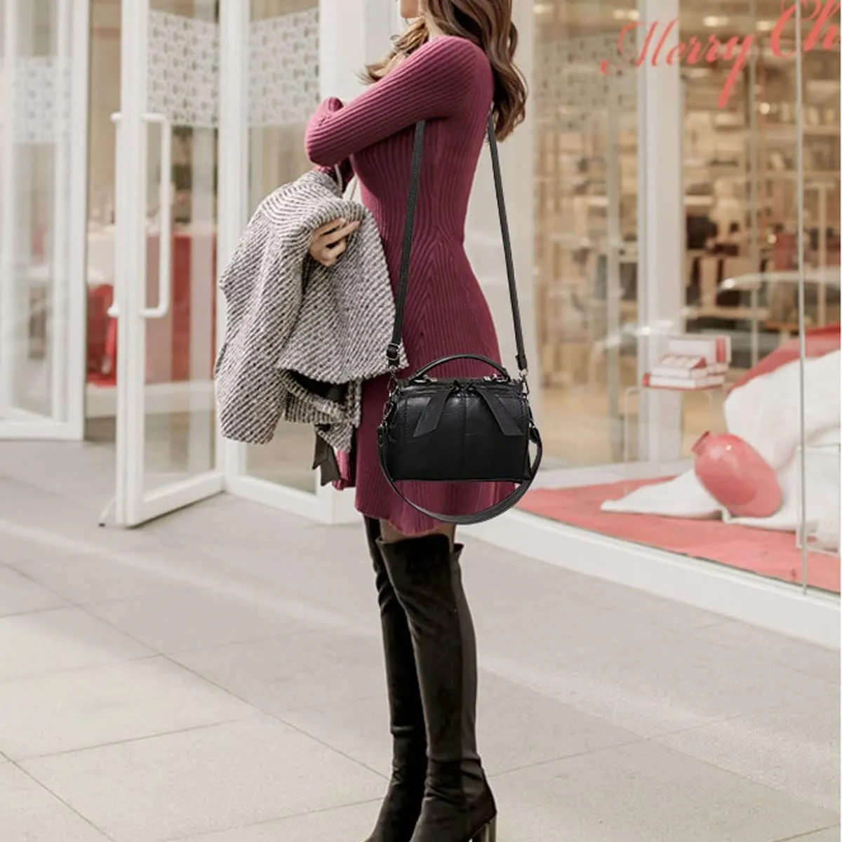Shoulder Bag and Purse for Women PU Leather Handbag Multi-pocket Top-Handle Satchel Ladies Bowknot Tote
