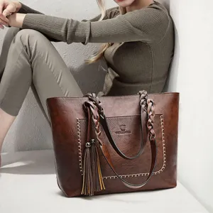 Shoulder Bags and Purses for Women PU Leather Fashion Handbag Tote Retro Top-Handle Satchel with Tassle
