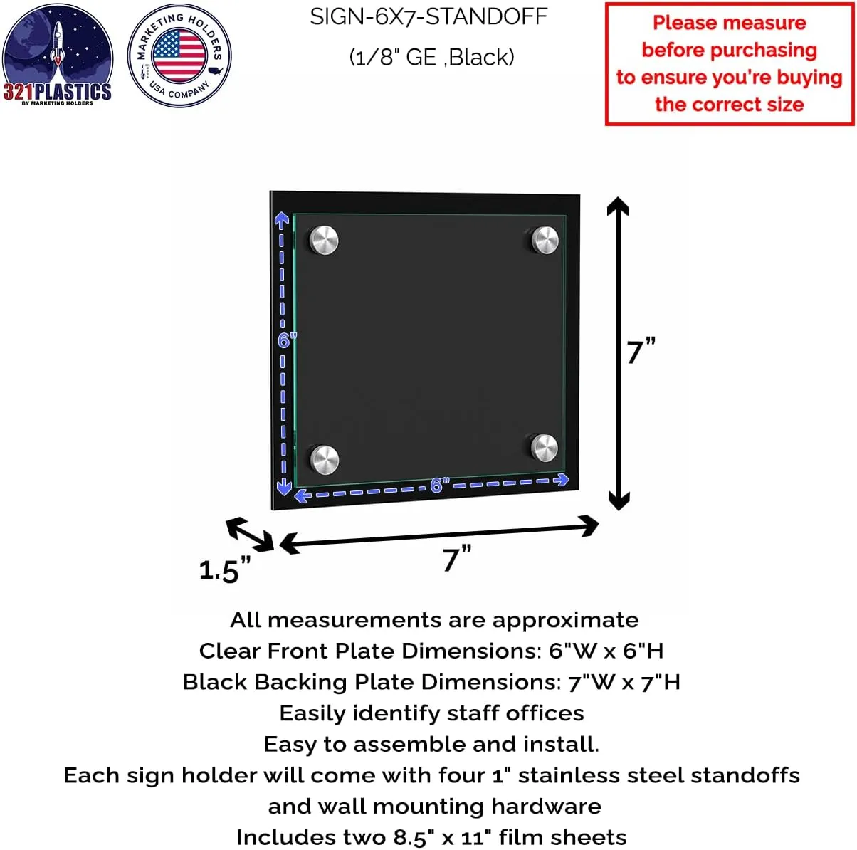 Sign Holder Door or Wall Mount 6" x 6" Graphic Image Frame with Stainless Steel Standoffs 7" x 7" Overall Dimensions Black with Green Edging Acrylic for Lobbies and Waiting Rooms by Marketing Holders
