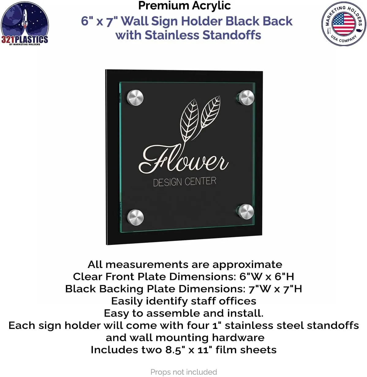Sign Holder Door or Wall Mount 6" x 6" Graphic Image Frame with Stainless Steel Standoffs 7" x 7" Overall Dimensions Black with Green Edging Acrylic for Lobbies and Waiting Rooms by Marketing Holders