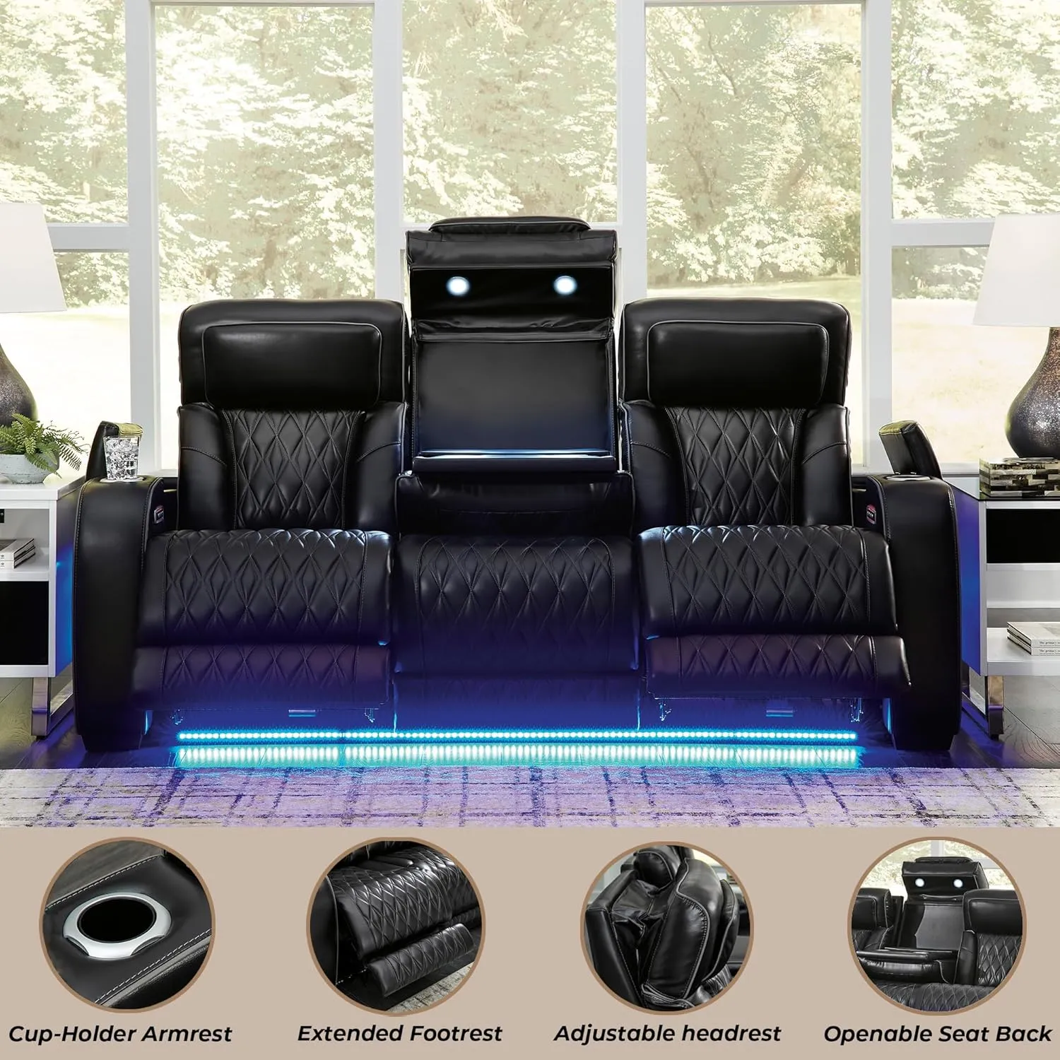 Signature Design by Ashley Boyington Contemporary Leather Match Power Reclining Sofa with Adjustable Headrest, Cup Holder, USB Charging Ports, Air Massage System and LED Lighting, Black