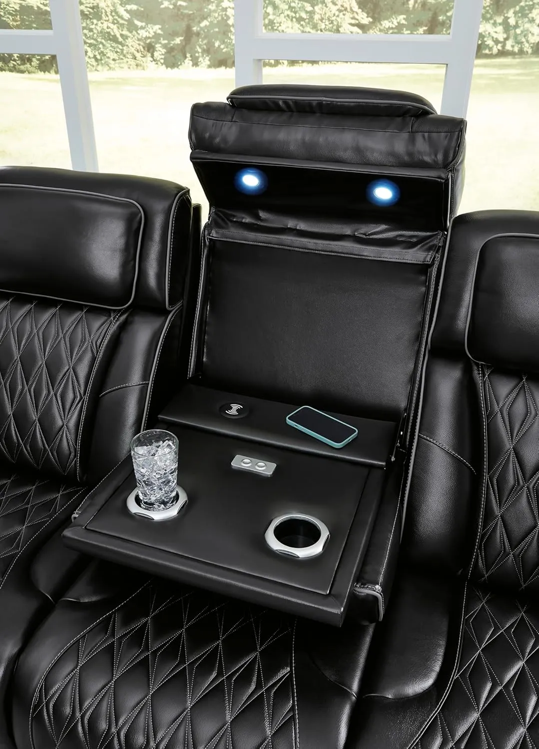 Signature Design by Ashley Boyington Contemporary Leather Match Power Reclining Sofa with Adjustable Headrest, Cup Holder, USB Charging Ports, Air Massage System and LED Lighting, Black