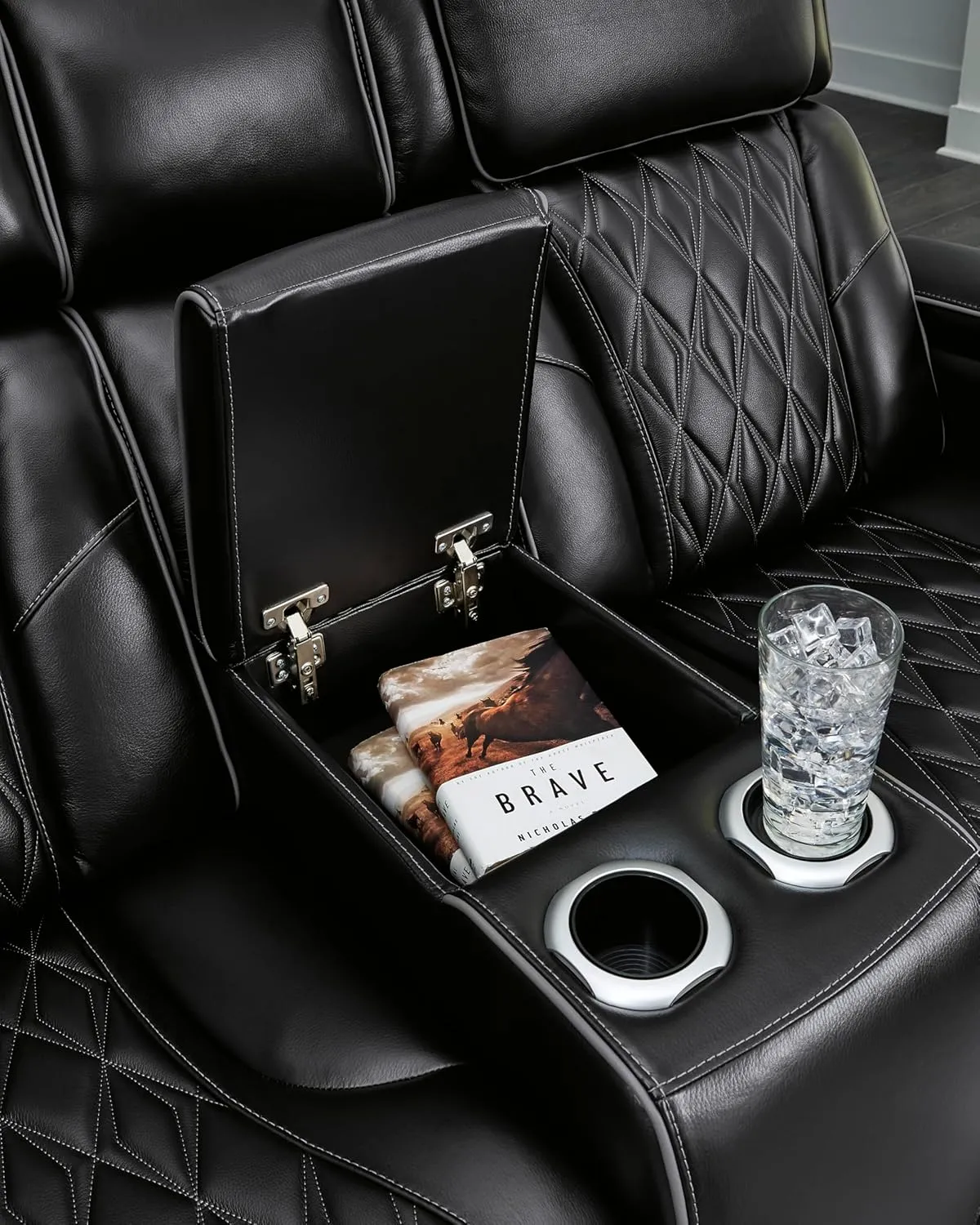 Signature Design by Ashley Boyington Modern Leather Match Power Reclining Loveseat with Console, Adjustable Headrest, Massage, Heated Seat and LED Lights, Black