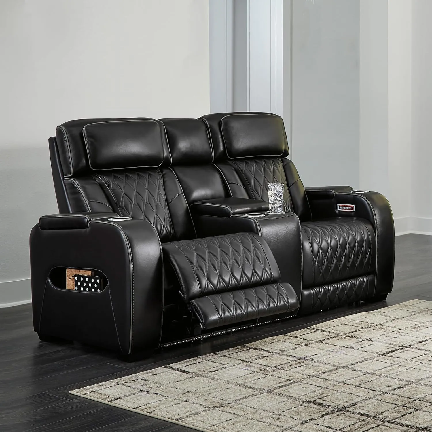Signature Design by Ashley Boyington Modern Leather Match Power Reclining Loveseat with Console, Adjustable Headrest, Massage, Heated Seat and LED Lights, Black