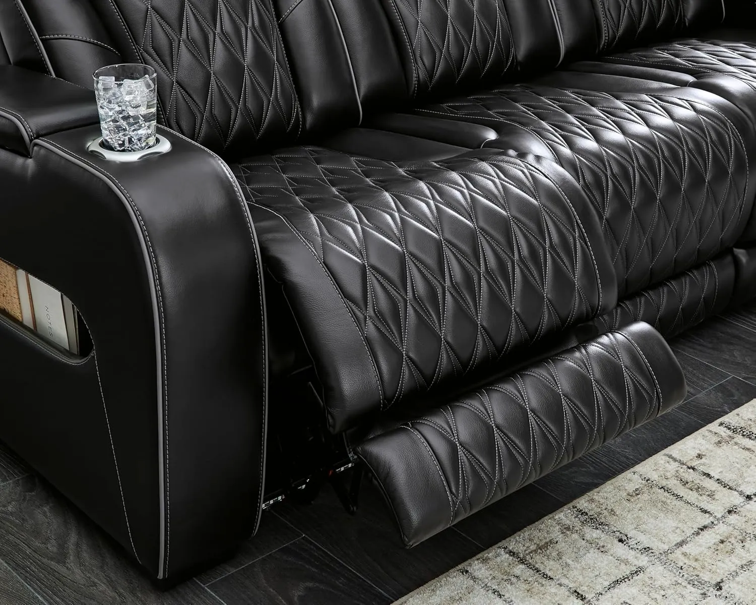 Signature Design by Ashley Boyington Modern Leather Match Power Reclining Loveseat with Console, Adjustable Headrest, Massage, Heated Seat and LED Lights, Black