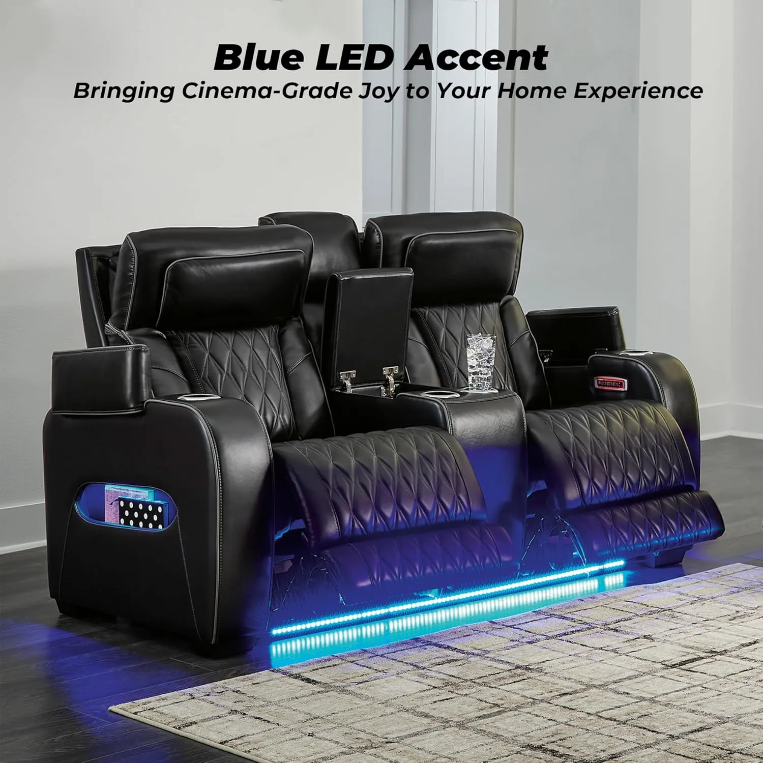 Signature Design by Ashley Boyington Modern Leather Match Power Reclining Loveseat with Console, Adjustable Headrest, Massage, Heated Seat and LED Lights, Black