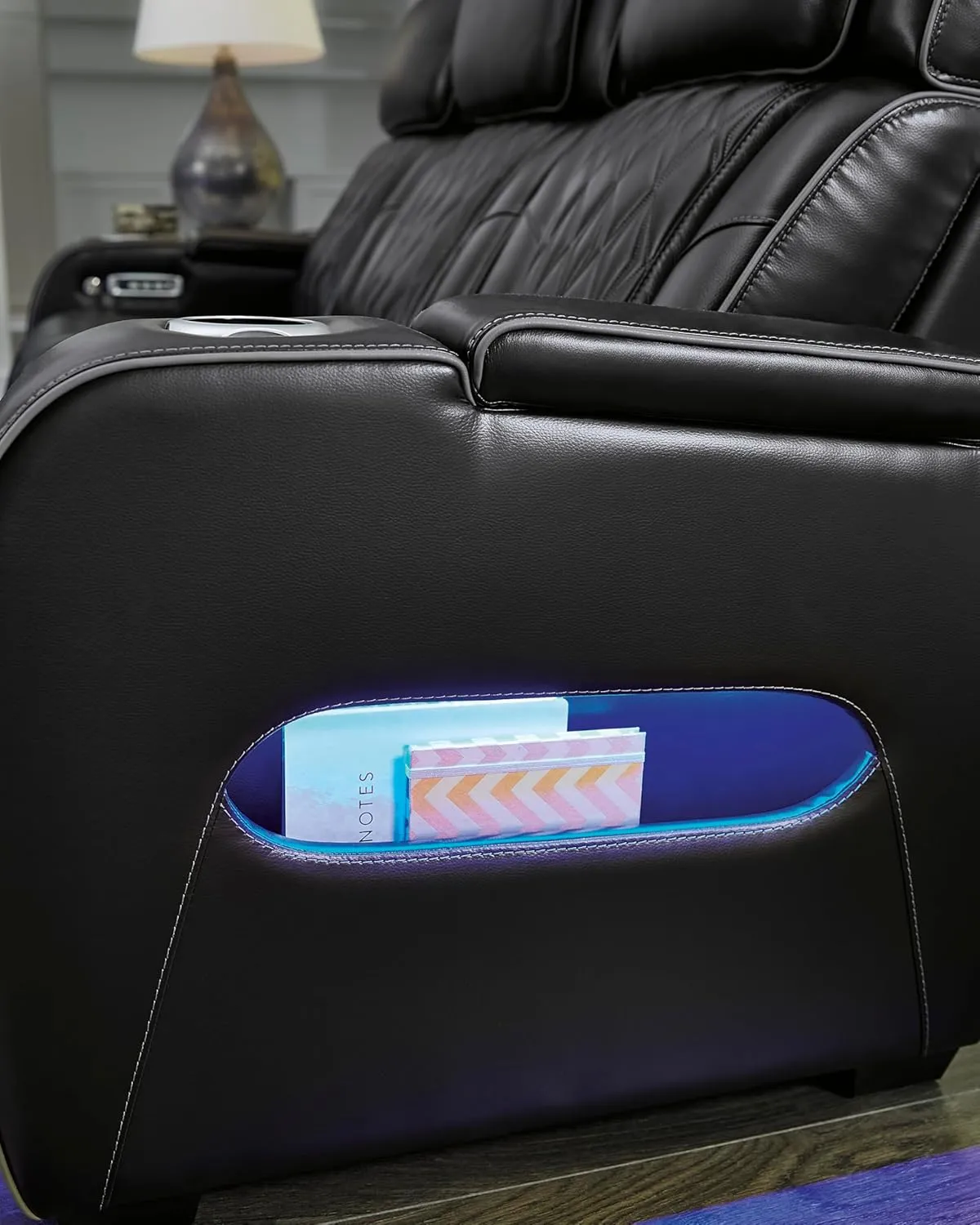 Signature Design by Ashley Boyington Modern Leather Match Power Reclining Loveseat with Console, Adjustable Headrest, Massage, Heated Seat and LED Lights, Black
