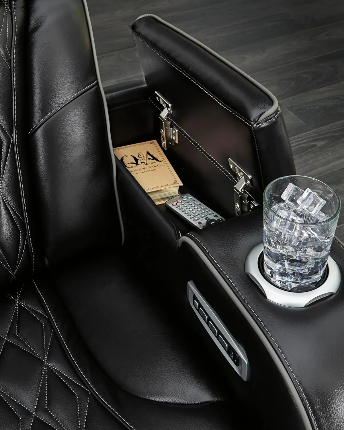 Signature Design by Ashley Boyington Modern Leather Match Power Reclining Loveseat with Console, Adjustable Headrest, Massage, Heated Seat and LED Lights, Black