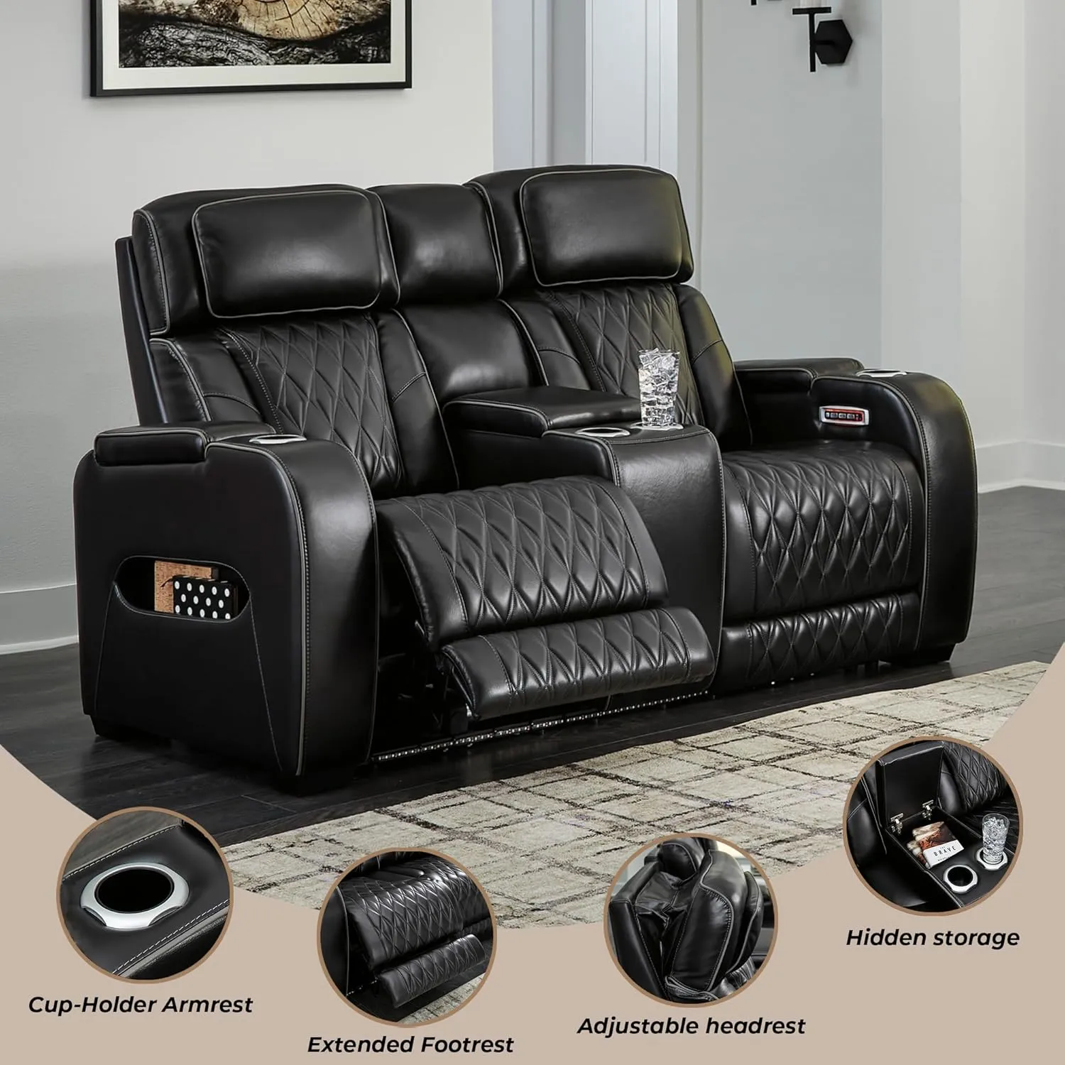 Signature Design by Ashley Boyington Modern Leather Match Power Reclining Loveseat with Console, Adjustable Headrest, Massage, Heated Seat and LED Lights, Black