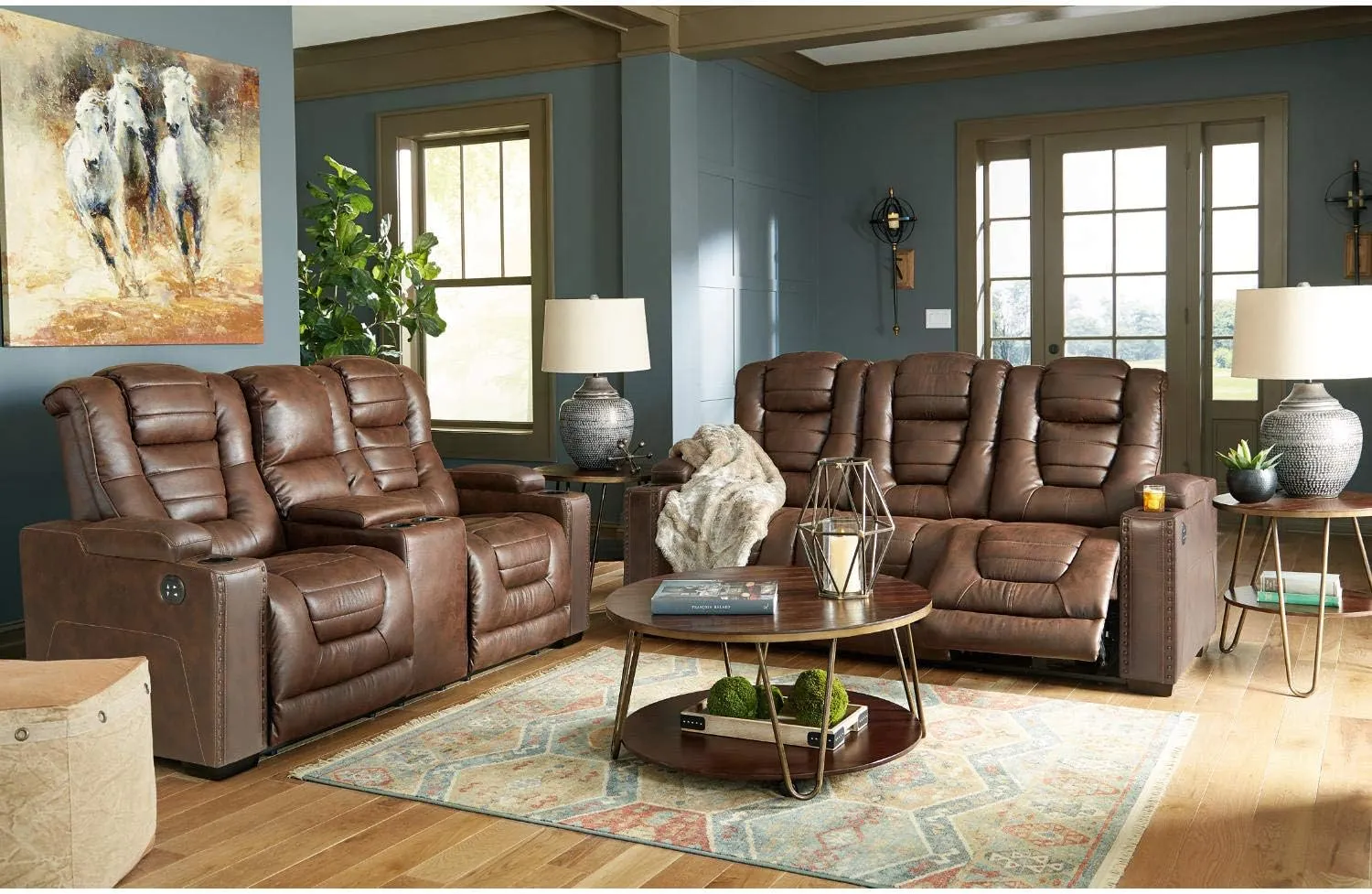 Signature Design by Ashley Owner's Box Faux Leather Power Reclining Loveseat with Center Console, Brown