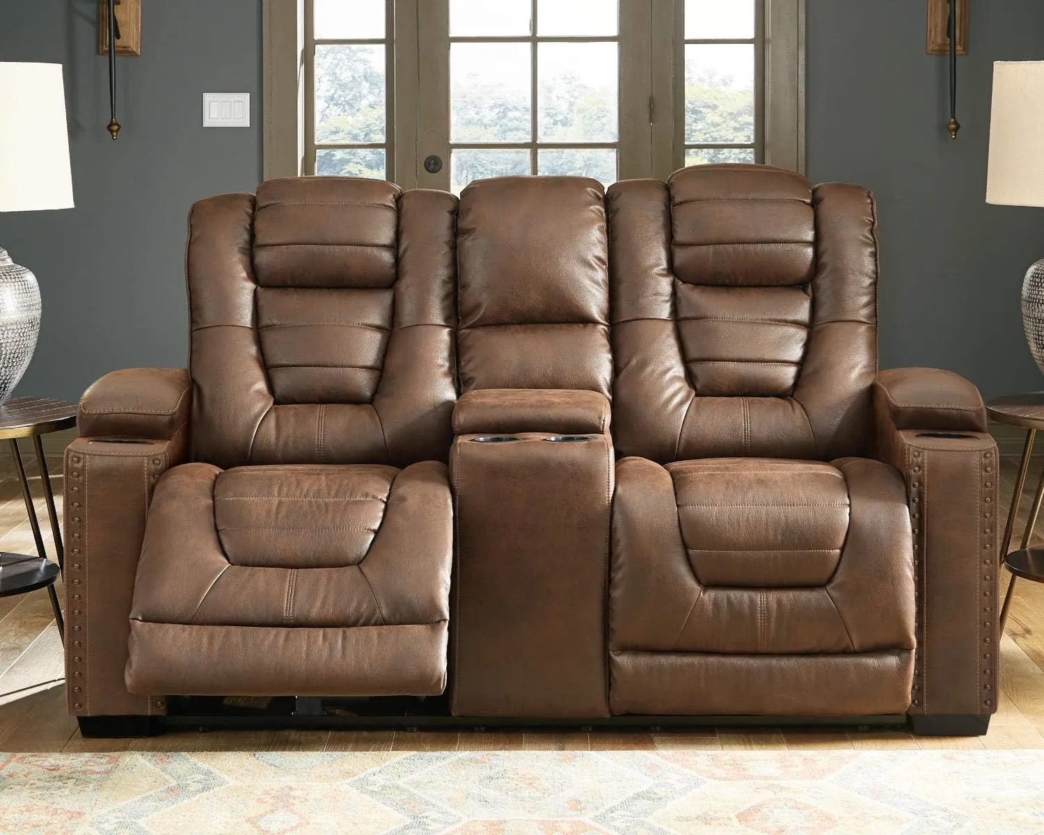 Signature Design by Ashley Owner's Box Faux Leather Power Reclining Loveseat with Center Console, Brown