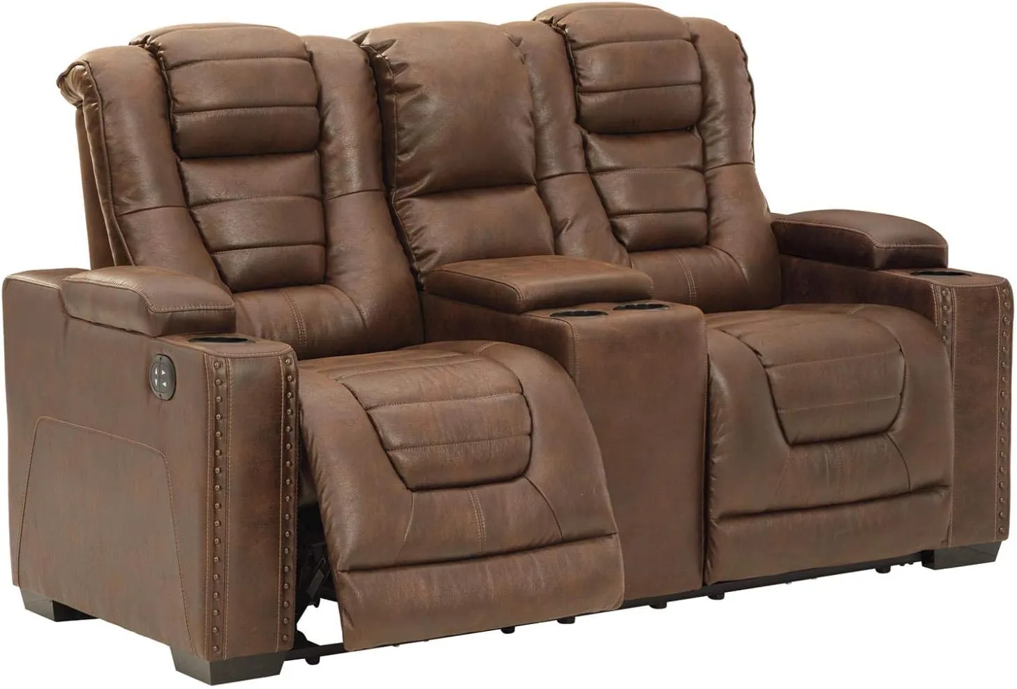 Signature Design by Ashley Owner's Box Faux Leather Power Reclining Loveseat with Center Console, Brown