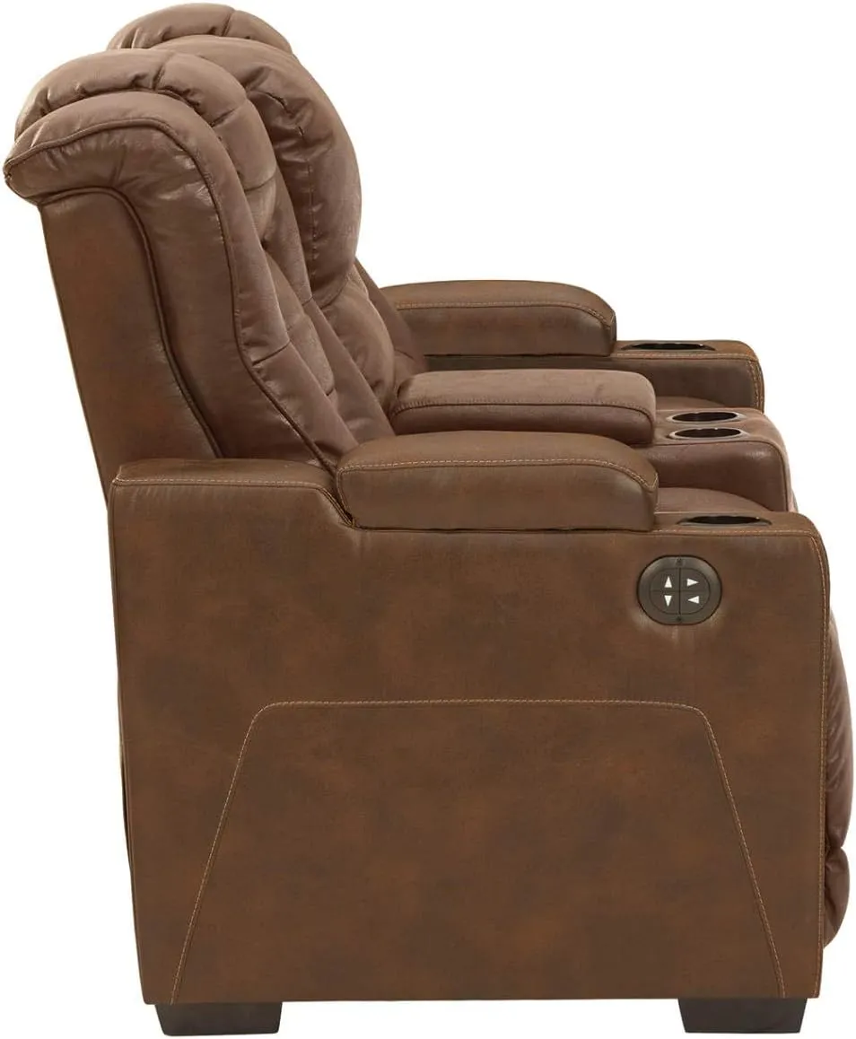 Signature Design by Ashley Owner's Box Faux Leather Power Reclining Loveseat with Center Console, Brown