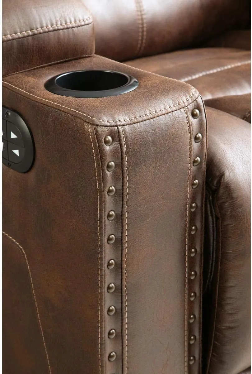 Signature Design by Ashley Owner's Box Faux Leather Power Reclining Loveseat with Center Console, Brown