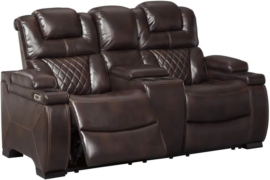 Signature Design by Ashley Warnerton Faux Leather Power Reclining Loveseat with Center Console, Brown