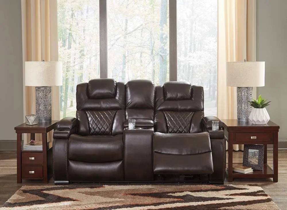 Signature Design by Ashley Warnerton Faux Leather Power Reclining Loveseat with Center Console, Brown