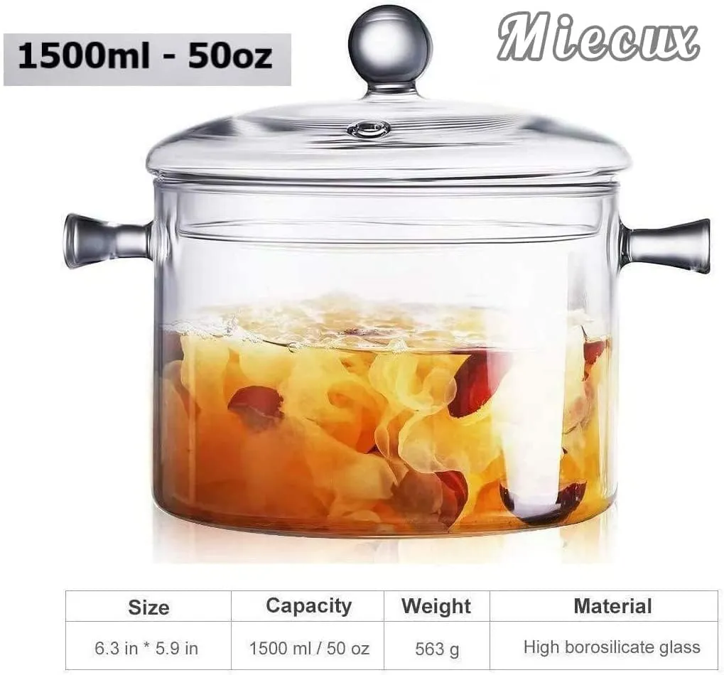 Simmer Pot - 1.7L/57OZ Glass Saucepan Heat-Resistant Borosilicate Glass Handmade Cookware Set stovetop Pot - Safe for Pasta Noodle, Soup, Milk, Tea,salad