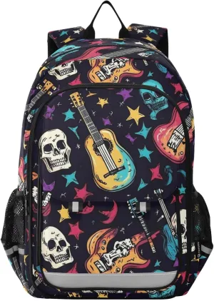 Skull Guitar Cute Backpack for Boys Girls Elementary School Bag Kids Bookbag Travel Rucksack With Reflective Stripes