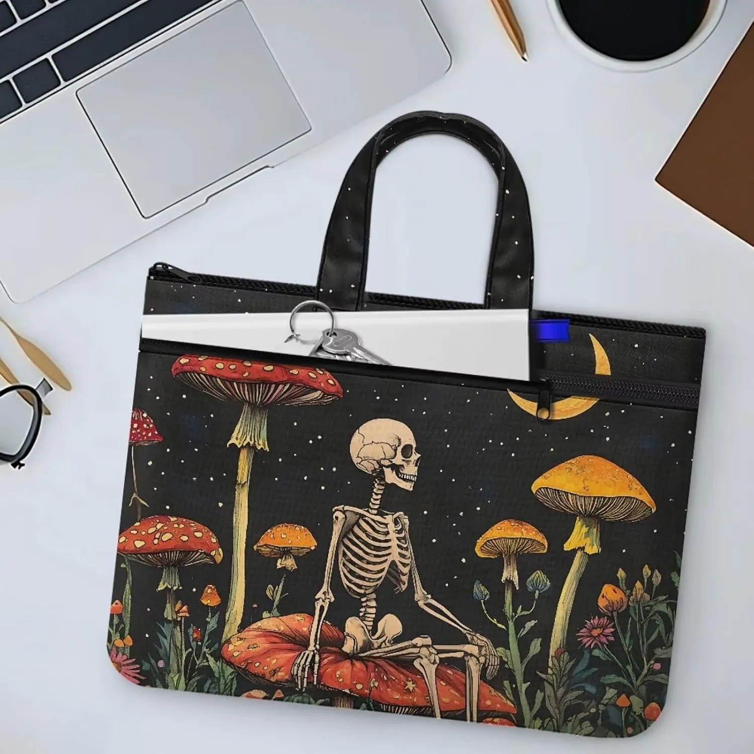 Skull Mushroom A4 Zipper Document File Bag Pouch with Handle Canvas File Storage Bag Stylish Unisex Slim Briefcase Files Project Document Handbag for Travel Daily