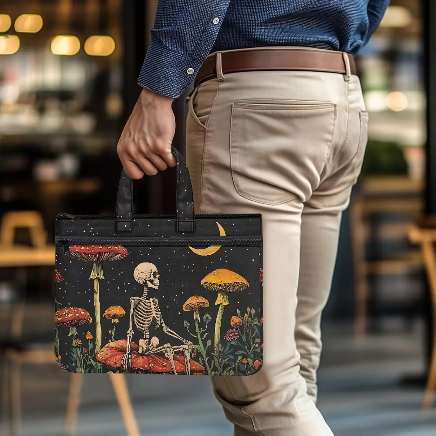 Skull Mushroom A4 Zipper Document File Bag Pouch with Handle Canvas File Storage Bag Stylish Unisex Slim Briefcase Files Project Document Handbag for Travel Daily