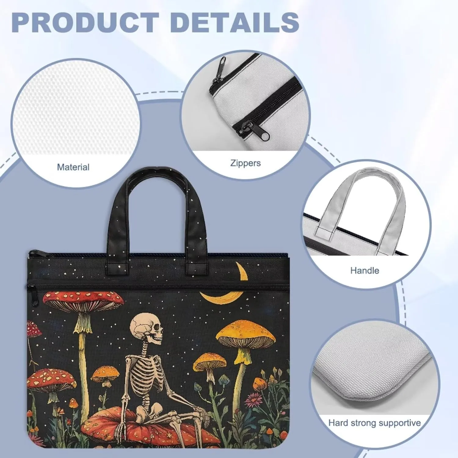 Skull Mushroom A4 Zipper Document File Bag Pouch with Handle Canvas File Storage Bag Stylish Unisex Slim Briefcase Files Project Document Handbag for Travel Daily