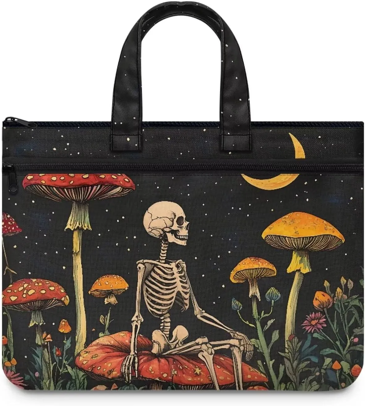 Skull Mushroom A4 Zipper Document File Bag Pouch with Handle Canvas File Storage Bag Stylish Unisex Slim Briefcase Files Project Document Handbag for Travel Daily