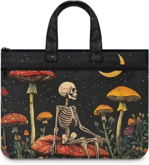 Skull Mushroom A4 Zipper Document File Bag Pouch with Handle Canvas File Storage Bag Stylish Unisex Slim Briefcase Files Project Document Handbag for Travel Daily