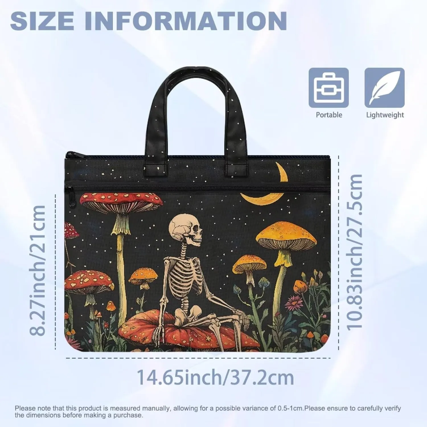 Skull Mushroom A4 Zipper Document File Bag Pouch with Handle Canvas File Storage Bag Stylish Unisex Slim Briefcase Files Project Document Handbag for Travel Daily