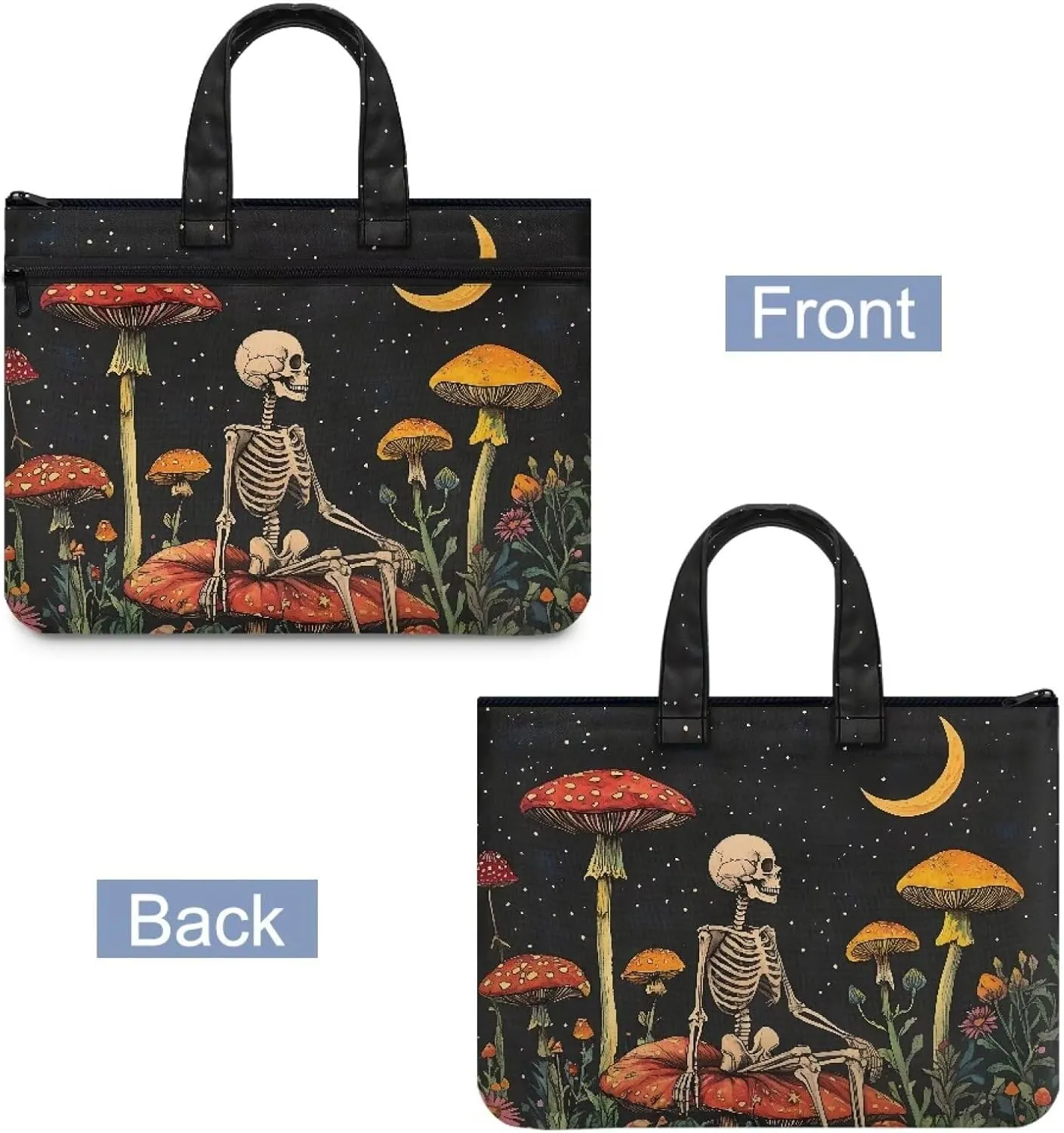 Skull Mushroom A4 Zipper Document File Bag Pouch with Handle Canvas File Storage Bag Stylish Unisex Slim Briefcase Files Project Document Handbag for Travel Daily