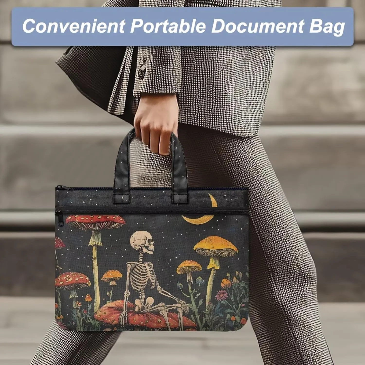 Skull Mushroom A4 Zipper Document File Bag Pouch with Handle Canvas File Storage Bag Stylish Unisex Slim Briefcase Files Project Document Handbag for Travel Daily