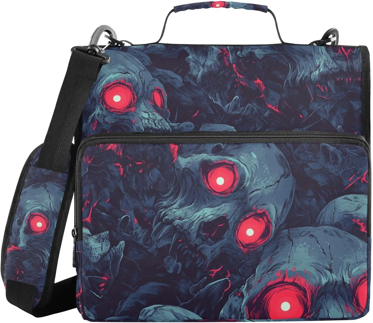 Skull Red Neon Eyes Zippered Binder Bag with Shoulder Strap & Handle Easy to Carry 1.5 Inch 3 Rings Pencil Bags Portfolio Binder Stationery Supplies