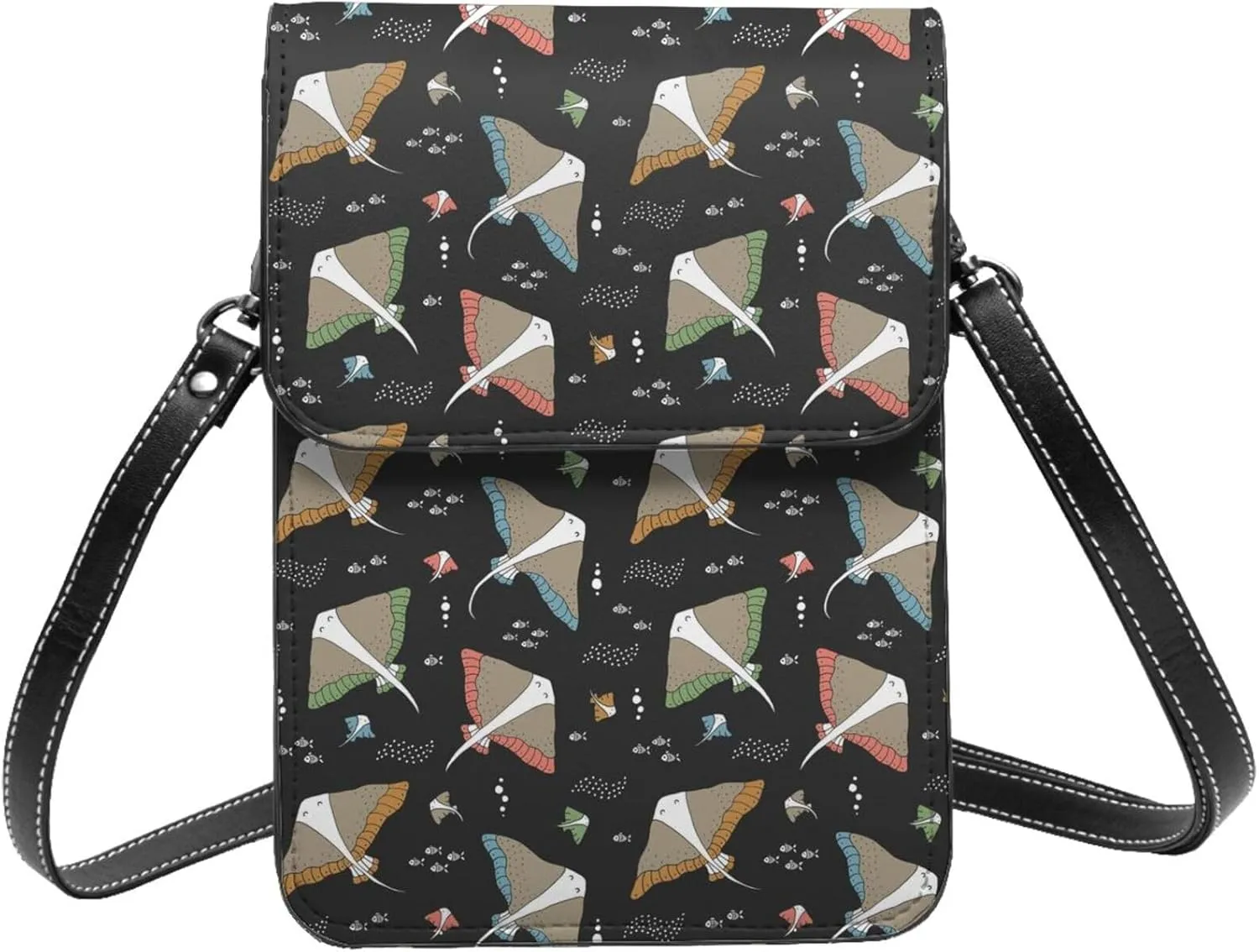 Small Crossbody Bags for Women, Leather Stingrays Fish Cute Black Cell Phone Cross Body Bag Wallet Purses