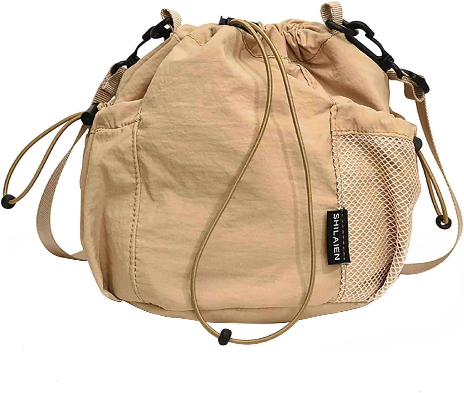 Small Drawstring Bucket Bag For Women Nylon Crossbody Purse Bag Adjustable Shoulder Strap Lightweight Travel Tote Handbags