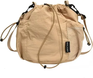 Small Drawstring Bucket Bag For Women Nylon Crossbody Purse Bag Adjustable Shoulder Strap Lightweight Travel Tote Handbags