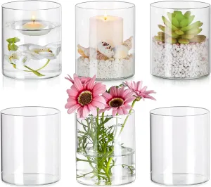 Small Glass Cylinder Vases for Centerpieces, Hewory 6pcs 4in Tall Hurricane Candle Holders for Pillar or Floating Candles, Clear Round Vases for Wedding Anniversary Birthday Party Events Table Decor