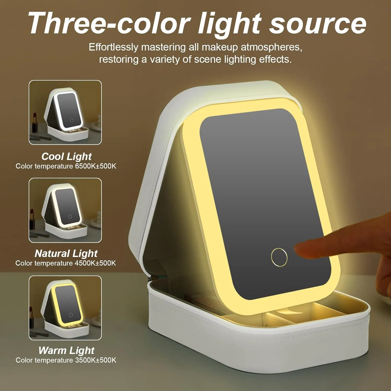 Small Travel LED Makeup Mirror Case with 3 Adjustable Color Light Settings, Dust-Proof Jewelry Box, Mini Cosmetic Train Case Ideal for Short Trips (White)