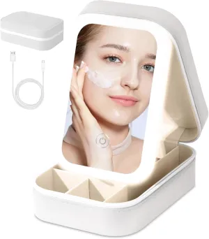 Small Travel LED Makeup Mirror Case with 3 Adjustable Color Light Settings, Dust-Proof Jewelry Box, Mini Cosmetic Train Case Ideal for Short Trips (White)