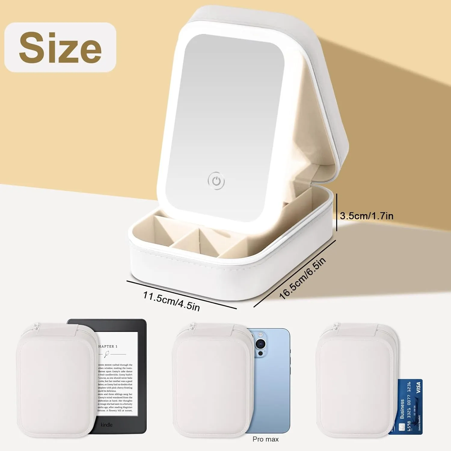 Small Travel LED Makeup Mirror Case with 3 Adjustable Color Light Settings, Dust-Proof Jewelry Box, Mini Cosmetic Train Case Ideal for Short Trips (White)