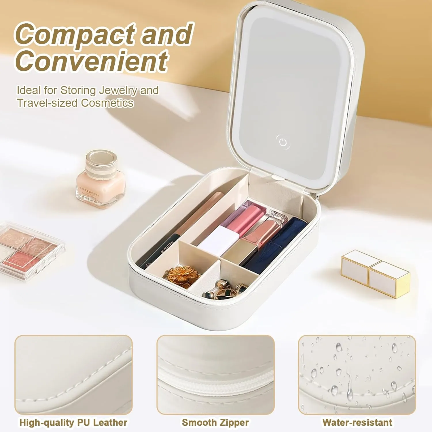 Small Travel LED Makeup Mirror Case with 3 Adjustable Color Light Settings, Dust-Proof Jewelry Box, Mini Cosmetic Train Case Ideal for Short Trips (White)