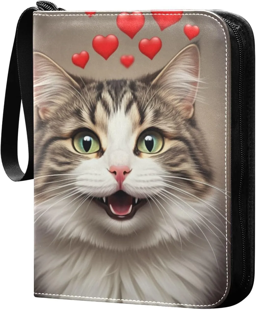 Smile Cat Red Hearts Card Binder 4 Pocket Trading Card Album Fits 400 Sports/Game Cards, PU Cover 3 Ring Card Collection with 50 Removable Sleeves