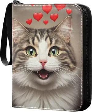 Smile Cat Red Hearts Card Binder 4 Pocket Trading Card Album Fits 400 Sports/Game Cards, PU Cover 3 Ring Card Collection with 50 Removable Sleeves