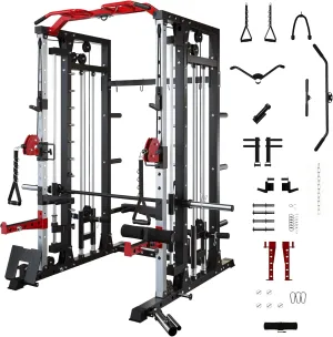 Smith Machine - 2200lbs Squat Rack Home Gym with LAT-Pull Down System & Cable Crossover Machine - Training Equipment with Leg Hold-Down Attachment