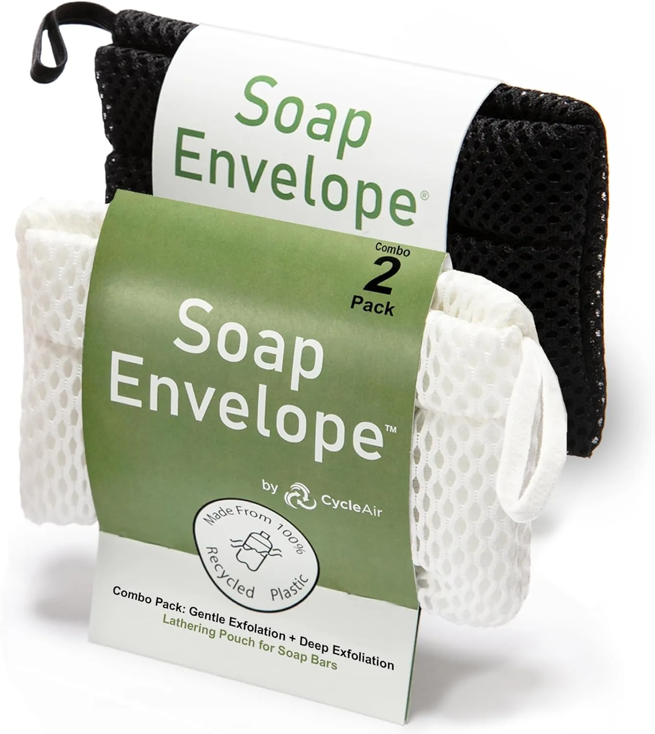 Soap Bag 100% Recycled & Made in North America - Soap Saver Pouch, Loofah Bath Scrubber for Bar Soap   Exfoliator (2-Pack Combo, Gentle and Deep Exfoliation)