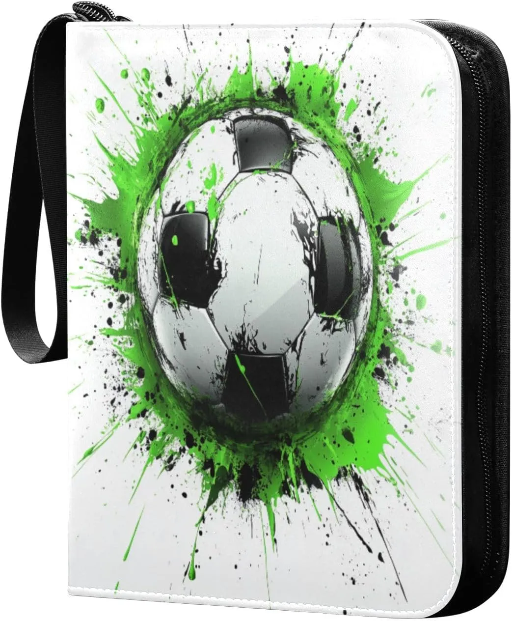 Soccer Ball with Green Paint Cards Binder 4 Pocket Fits 400 Cards with 50 Removable Sleevesves, Trading Card Collector Zipper Album Holder Portable Card Games Display Storage Cases