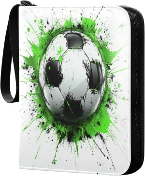 Soccer Ball with Green Paint Cards Binder 4 Pocket Fits 400 Cards with 50 Removable Sleevesves, Trading Card Collector Zipper Album Holder Portable Card Games Display Storage Cases