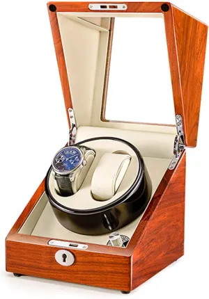 Solid Wood Double Watch Winder Box for Automatic Watches 4 Rotation Mode Supports USB Charging Silent Motor,A