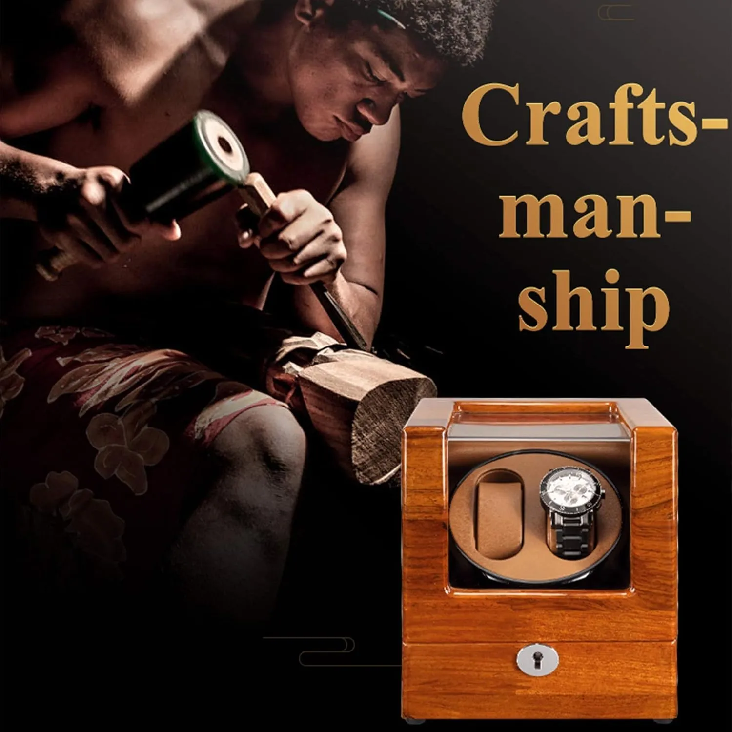 Solid Wood Double Watch Winder Box for Automatic Watches 4 Rotation Mode Supports USB Charging Silent Motor,A