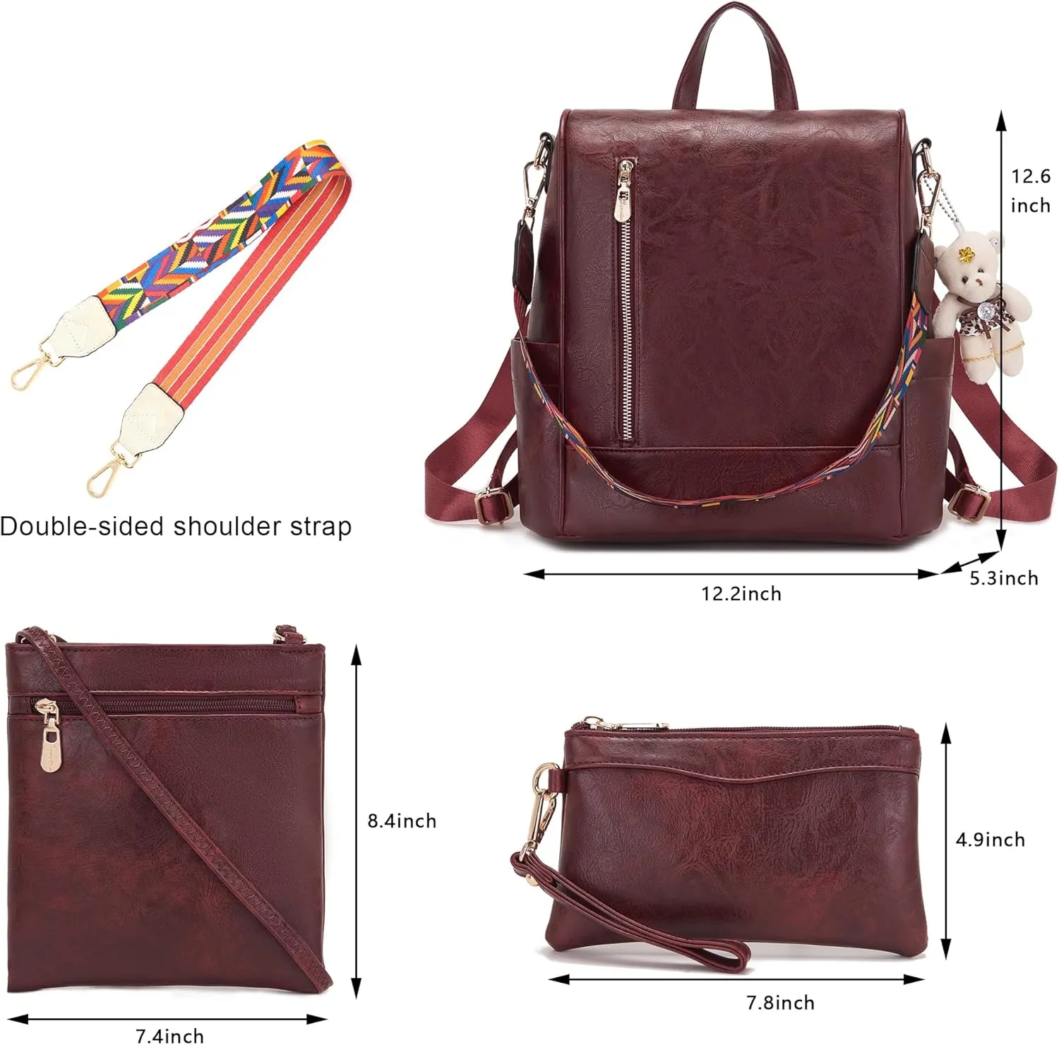 Soperwillton Women Backpack Purse PU Leather Anti-theft Fashion Shoulder Bag Travel Backpack Set 3pcs